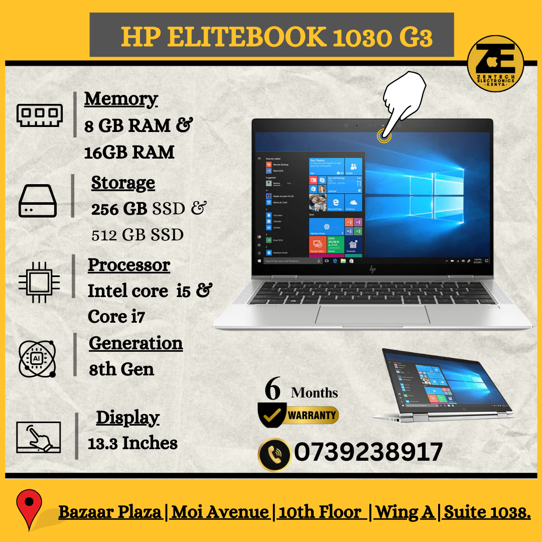 An HP EliteBook x360 1030 G3 laptop displayed in different modes: tablet, tent, and laptop mode, showcasing its versatility as a convertible device.